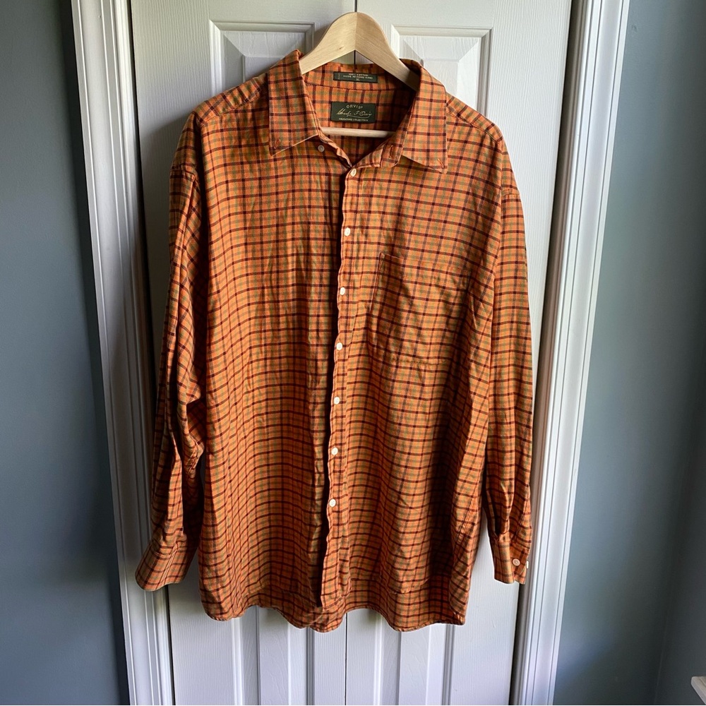 Orvis Signature Collection Men's Orange Plaid Long Sleeve Button Down Size XL